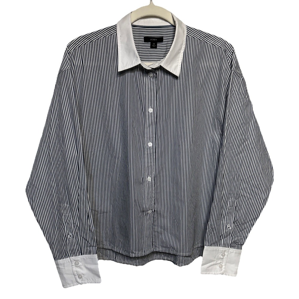 J. Crew Relaxed‎ Fit Cropped Cotton Poplin Striped Shirt Women's Size 12 EUC - Picture 2 of 10